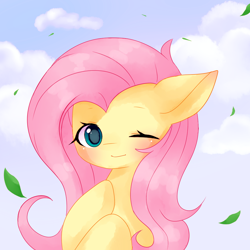 Size: 1000x1000 | Tagged: safe, artist:happy0v, derpibooru import, fluttershy, pony, blushing, bust, cloud, ears, female, floppy ears, hoof on chest, leaf, looking at you, mare, one eye closed, portrait, sky background, smiling, solo, three quarter view, wink, winking at you