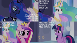 Size: 1280x720 | Tagged: safe, derpibooru import, edit, edited screencap, editor:quoterific, screencap, princess cadance, princess celestia, princess luna, twilight sparkle, twilight sparkle (alicorn), alicorn, pony, twilight's kingdom, crown, female, jewelry, mare, regalia