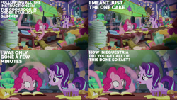 Size: 1280x720 | Tagged: safe, derpibooru import, edit, edited screencap, editor:quoterific, screencap, pinkie pie, starlight glimmer, earth pony, pony, unicorn, every little thing she does, book, egg, female, flour, instructions, kitchen, mare, twilight's castle, wide eyes