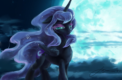 Size: 3051x2000 | Tagged: safe, artist:musical ray, derpibooru import, nightmare moon, alicorn, pony, cloud, female, high res, looking at you, mare, moon, night, slit eyes, solo