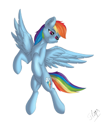 Size: 2085x2482 | Tagged: safe, artist:flapstune, derpibooru import, rainbow dash, pegasus, pony, backwards cutie mark, chest fluff, cutie mark, ear fluff, ears, female, fluffy, flying, mare, signature, simple background, smiling, solo, spread wings, transparent background, wings