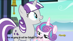 Size: 1366x768 | Tagged: safe, edit, edited screencap, screencap, princess flurry heart, twilight velvet, alicorn, pony, unicorn, the crystalling, baby, baby pony, bell, dababy, dababy meme, discovery family logo, duo, eating, female, grandmother and grandchild, grandmother and granddaughter, hoof hold, mare, train station