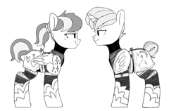 Size: 1404x890 | Tagged: safe, artist:tallaferroxiv, oc, oc only, oc:radiant hex, oc:starry skies hailstorm, pegasus, pony, unicorn, armor, duo, female, freckles, grayscale, horn, horn ring, looking at each other, mare, monochrome, pegasus oc, ring, tail wrap, unicorn oc, wings