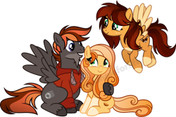 Size: 1920x1283 | Tagged: safe, artist:pumpkinpieforlife, derpibooru import, oc, oc only, oc:goldi, oc:goldi's dad, oc:goldi's mom, pegasus, beard, coat markings, facial hair, family, father and child, father and daughter, female, flying, gradient mane, happy, happy family, hoof around neck, looking at each other, looking down, male, mare, mother and child, mother and daughter, parent and child, pegasus oc, sitting, smiling, socks (coat marking), stallion, two toned mane, two toned wings, vector, watermark, wings