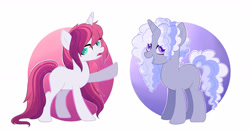 Size: 1280x667 | Tagged: safe, artist:honeymantis, derpibooru import, oc, oc only, pony, unicorn, duo, magical lesbian spawn, offspring, parent:pinkie pie, parent:rainbow dash, parent:rarity, parent:twilight sparkle, parents:raridash, parents:twinkie