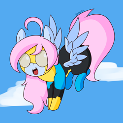 Size: 1500x1500 | Tagged: safe, artist:fullmetalpikmin, derpibooru import, oc, oc only, oc:rickety rails, pegasus, pony, clothes, costume, flying, invincible, solo