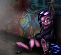 Size: 702x625 | Tagged: safe, artist:art_by_toffeety, derpibooru import, oc, oc only, earth pony, pony, clothes, earth pony oc, eye scar, frog (hoof), graffiti, hoodie, outdoors, scar, signature, sitting, smiling, smirk, solo, underhoof