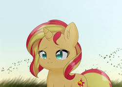 Size: 2541x1824 | Tagged: safe, artist:papilrux, derpibooru import, sunset shimmer, pony, unicorn, cute, ear fluff, ears, female, horn, mare, outdoors, shimmerbetes, smiling