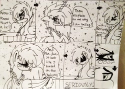 Size: 2717x1942 | Tagged: safe, artist:beamybutt, derpibooru import, oc, oc only, oc:moonbeam, alicorn, pony, alicorn oc, comic, dialogue, female, grayscale, horn, lineart, mare, monochrome, signature, traditional art, wings