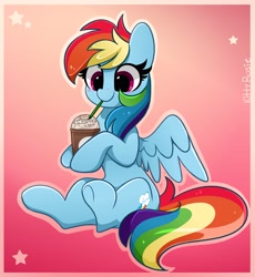 Size: 3765x4096 | Tagged: safe, artist:kittyrosie, derpibooru import, rainbow dash, pegasus, pony, blushing, cute, dashabetes, drink, drinking, female, frappuccino, gradient background, high res, mare, sitting, solo, spread wings, wings