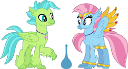 Size: 5742x3112 | Tagged: safe, artist:ethanjacobsyrosca, derpibooru import, oc, oc only, oc:bottlegriff, oc:wishgriff, classical hippogriff, hippogriff, absurd resolution, bottle, bracelet, brother and sister, circlet, clothes, female, fraternal twins, genie, hippogriff oc, jewelry, leggings, male, siblings, simple background, transparent background, vector, wing jewelry