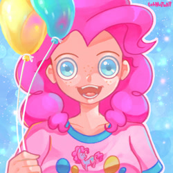 Size: 1280x1280 | Tagged: safe, artist:tehnutball, derpibooru import, pinkie pie, human, balloon, bust, clothes, colored pupils, creepy, female, freckles, humanized, open mouth, party balloon, shirt, solo, t-shirt, uncanny valley