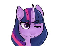 Size: 800x600 | Tagged: safe, artist:bukabeans, derpibooru import, twilight sparkle, pony, beanbrows, bust, eyebrows, eyebrows visible through hair, female, mare, one eye closed, simple background, solo, transparent background