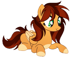 Size: 665x531 | Tagged: safe, artist:pumpkinpieforlife, derpibooru import, edit, editor:nc-tv, oc, oc only, oc:goldi, pegasus, background removed, coat markings, colored wings, cropped, cute, freckles, gradient mane, looking at something, looking down, lying down, multicolored wings, ocbetes, pegasus oc, prone, simple background, smiling, socks (coat marking), transparent background, two toned mane, two toned wings, wings