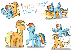 Size: 2125x1476 | Tagged: safe, artist:ecchiorange0317, derpibooru import, applejack, rainbow dash, earth pony, pegasus, pony, appledash, blushing, cutie mark, digital art, exclamation point, eyes closed, facing each other, female, flying, hat, heart, kiss on the cheek, kissing, lesbian, looking at each other, looking down, looking up, lying down, multicolored mane, on back, on top, open mouth, protecting, rain, raised hoof, raised leg, running, shipping, simple background, size difference, smiling, spread wings, standing over, tongue, tongue out, tsundere, wet, wet mane, white background, wingboner, wings