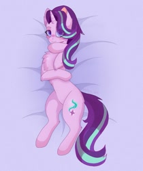 Size: 859x1024 | Tagged: safe, artist:belkaart0w0, derpibooru import, starlight glimmer, pony, unicorn, blushing, chest fluff, eye clipping through hair, female, looking at you, lying down, mare, on back, on side, solo