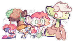 Size: 2878x1621 | Tagged: safe, artist:dazey-the-goat, derpibooru import, oc, oc:blue cheese, oc:cinnamon suncrisp, oc:johnny jubilee, oc:snowy apple, oc:spring green, oc:triple threat, earth pony, pony, apple family member, apron, baby, baby pony, bowtie, clothes, crack ship offspring, freckles, hair over eyes, offspring, parent:apple bloom, parent:apple brown betty, parent:apple split, parent:big macintosh, parent:blue bobbin, parent:cheerilee, parent:doctor whooves, parent:roseluck, parent:rumble, simple background, sweater, transparent background