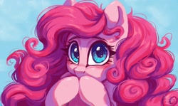 Size: 1200x715 | Tagged: safe, artist:amishy, derpibooru import, pinkie pie, earth pony, pony, big eyes, blushing, female, looking at you, mare, poofy mane, solo