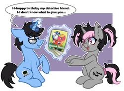 Size: 1584x1164 | Tagged: safe, artist:sabrib, derpibooru import, big macintosh, shining armor, oc, oc:evans, oc:tinker doo, awkward, birthday, blood, book cover, cover, nosebleed, present, yaoi fangirl