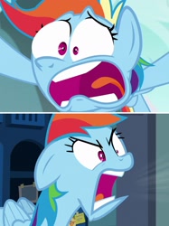 Size: 1683x2245 | Tagged: safe, derpibooru import, rainbow dash, no second prances, parental glideance, angry, comparison, furious, ragebow dash, rainbow dash is best facemaker, rainbow dash is not amused, shocked, stop, surprised, unamused, yelling