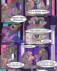 Size: 540x676 | Tagged: safe, artist:cocolove2176, derpibooru import, cheese sandwich, discord, fluttershy, pinkie pie, draconequus, earth pony, pegasus, pony, comic:fluttering chaos, blushing, cheesepie, comic, dialogue, discoshy, female, male, mare, shipping, smiling, stallion, straight