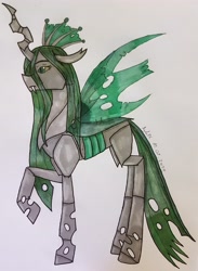 Size: 2712x3712 | Tagged: safe, artist:agdapl, derpibooru import, queen chrysalis, changeling, changeling queen, female, green changeling, raised hoof, raised leg, solo, traditional art