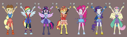 Size: 2440x720 | Tagged: safe, artist:bugssonicx, derpibooru import, applejack, fluttershy, pinkie pie, rainbow dash, rarity, sci-twi, sunset shimmer, twilight sparkle, equestria girls, arms in the air, bondage, bound and gagged, cloth gag, gag, humane five, humane seven, humane six, ponied up, shackles