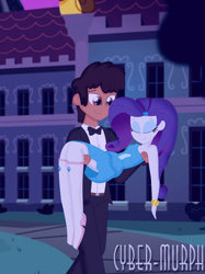 Size: 2424x3240 | Tagged: safe, artist:cyber-murph, derpibooru import, rarity, oc, oc:omega, equestria girls, bowtie, canon x oc, canterlot high, carrying, commission, eyeshadow, fall formal outfits, makeup, signature, sleeping