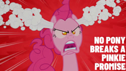 Size: 1280x720 | Tagged: safe, derpibooru import, edit, edited screencap, editor:quoterific, screencap, pinkie pie, earth pony, pony, the last roundup, angry, female, mare, open mouth, pinkie promise, solo