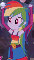 Size: 1920x3391 | Tagged: safe, derpibooru import, screencap, rainbow dash, equestria girls, equestria girls (movie), belt, clothes, cropped, cute, cutie mark, cutie mark on clothes, dancing, dashabetes, fall formal outfits, female, fingerless gloves, gloves, male, sleeveless, smiling, solo focus