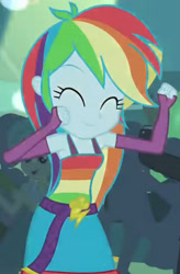 Size: 1920x2928 | Tagged: safe, derpibooru import, screencap, rainbow dash, equestria girls, equestria girls (movie), ^^, belt, clothes, cropped, cute, cutie mark, cutie mark on clothes, dancing, dashabetes, eyes closed, fall formal outfits, female, fingerless gloves, gloves, male, sleeveless, smiling, solo focus