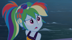 Size: 1920x1080 | Tagged: safe, derpibooru import, screencap, rainbow dash, better together, equestria girls, spring breakdown, alternate hairstyle, braid, clothes, dress, female, looking up, ocean, open mouth, ponytail, raised eyebrow, sleeveless, solo