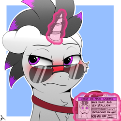 Size: 2000x2000 | Tagged: safe, artist:h3nger, derpibooru import, oc, oc only, oc:haze rad, pony, unicorn, aviator glasses, aviators, blushing, chest fluff, commissioner:biohazard, high res, highlights, horn, lanyard, license, looking away, magic, magic aura, male, solo, stallion, sunglasses, unicorn oc