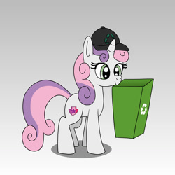 Size: 1280x1280 | Tagged: safe, artist:platinumdrop, derpibooru import, sweetie belle, unicorn, baseball cap, cap, female, filly, gradient background, hat, mouth hold, recycle bin, request, simple background, solo