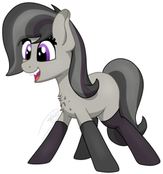 Size: 995x1063 | Tagged: safe, artist:soctavia, derpibooru import, oc, oc only, oc:rocky karst, earth pony, hybrid, kirin, ponybooru collab 2021, 2021 community collab, blank flank, chest fluff, clothes, cute, cute little fangs, fangs, female, freckles, happy, open mouth, simple background, smiling, socks, solo, transparent background