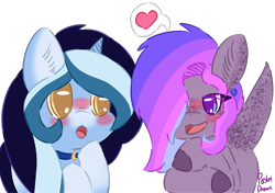 Size: 969x682 | Tagged: safe, artist:pasteldraws, derpibooru import, oc, oc:eclipse, oc:hiro, pony, unicorn, blushing, dino pony, flirting, freckles, jewelry, necklace, shipping, simple background, transparent background