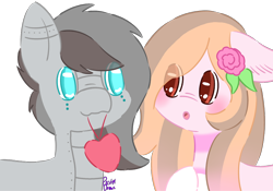 Size: 976x682 | Tagged: safe, artist:pasteldraws, derpibooru import, oc, oc:aurelio, oc:juliet, earth pony, pony, robot, robot pony, blushing, heart, mouth hold, shipping, simple background, transparent background