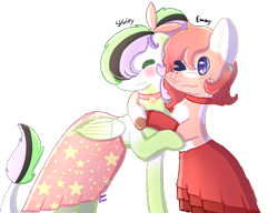 Size: 886x682 | Tagged: safe, artist:pasteldraws, derpibooru import, oc, oc:emmy, oc:shirley, earth pony, pegasus, pony, best friends, bow, clothes, freckles, hug, jewelry, long tail, necklace, ponytail, simple background, skirt, transparent background