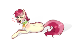 Size: 2733x1581 | Tagged: safe, artist:azaani, derpibooru import, roseluck, earth pony, pony, collar, commission, commissioner:doom9454, cute, fangs, female, lying down, mare, open mouth, pet collar, pet tag, pony pet, prone, rosepet, simple background, white background