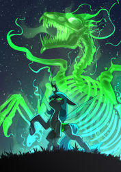 Size: 2480x3508 | Tagged: safe, artist:underpable, derpibooru import, queen chrysalis, changeling, changeling queen, bone, commission, female, grass, high res, night, skeleton, summoning