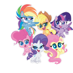 Size: 700x701 | Tagged: artist needed, safe, derpibooru import, applejack, fluttershy, pinkie pie, rainbow dash, rarity, twilight sparkle, twilight sparkle (alicorn), alicorn, earth pony, pegasus, pony, my little pony: pony life, applejack's hat, clothes, cowboy hat, crossed arms, flying, hat, looking at you, mane six, open mouth, simple background, teeth, transparent background, vector, white outline