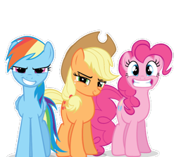 Size: 555x495 | Tagged: artist needed, safe, derpibooru import, applejack, pinkie pie, rainbow dash, earth pony, pegasus, pony, applejack's hat, clothes, cowboy hat, female, gritted teeth, hat, looking at you, simple background, teeth, transparent background, trio, trio female, vector, white outline