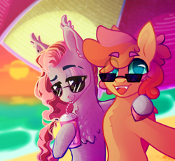 Size: 1482x1361 | Tagged: safe, artist:alrumoon.art, derpibooru import, oc, oc only, oc:alruna moonrise, bat pony, earth pony, pony, chest fluff, lidded eyes, looking at you, smiling, sunglasses