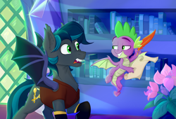 Size: 3300x2250 | Tagged: safe, artist:rutkotka, derpibooru import, spike, oc, oc:spark gap, bat pony, dragon, pony, fanfic:fine print, bat pony oc, bat wings, clothes, feather, flower, flying, high res, library, male, parchment, quill, scroll, smug, stallion, surprised, twilight's castle, winged spike, wings