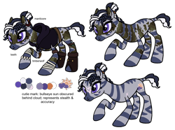 Size: 1800x1338 | Tagged: safe, artist:flipwix, derpibooru import, oc, oc only, oc:wyld snare, zebra, belt, boots, bracelet, camouflage, cloak, clothes, dirt, dnd, dungeons and dragons, ear piercing, earring, eye scar, fantasy class, female, hood, jewelry, mud, necklace, pen and paper rpg, piercing, pouch, raised hoof, raised leg, reference sheet, rogue, rpg, scar, shoes, simple background, solo, tape, teeth, tooth, transparent background, wrist tape, wrist wraps, zebra oc