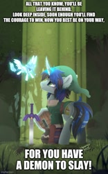 Size: 500x800 | Tagged: safe, artist:liquorice_sweet, derpibooru import, edit, oc, original species, pegasus, pony, unicorn, caption, clothes, crossover, duo, eye clipping through hair, fairy, fairy pony, fairy wings, forest, forest background, hat, hey listen, horn, image macro, link, looking at each other, magic, male, master sword, natewantstobattle, nathan sharp, navi, nintendo, pegasus oc, shield, song reference, spread wings, stallion, sword, text, the legend of zelda, the legend of zelda: ocarina of time, unicorn oc, weapon, wings