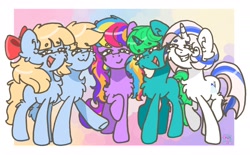 Size: 2320x1440 | Tagged: safe, artist:minty joy, derpibooru import, oc, oc:brave, oc:colorfull circle, oc:kimi, oc:ruban, oc:snow pearl, earth pony, pegasus, pony, unicorn, cheek fluff, chest fluff, closed mouth, cute, ear fluff, ears, earth pony oc, eyes closed, female, fluffy, folded wings, francoponies, group, heart eyes, horn, le poney blanc, leg fluff, mare, mascot, pegasus oc, siblings, simple background, smiling, tail, twins, unicorn oc, weponies, wing fluff, wingding eyes, wings