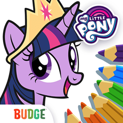 Size: 327x327 | Tagged: artist needed, safe, derpibooru import, twilight sparkle, twilight sparkle (alicorn), alicorn, pony, the last problem, app icon, black outlines, colored pencils, crown, female, jewelry, mobile game, my little pony logo, open mouth, regalia, simple background, solo, white background