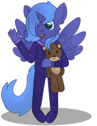 Size: 1024x1326 | Tagged: safe, artist:skyflys, derpibooru import, princess luna, alicorn, anthro, clothes, cute, female, filly, footed sleeper, footie pajamas, onesie, pajamas, teddy bear, woona, younger