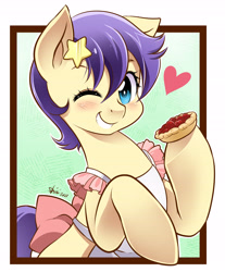 Size: 4840x5856 | Tagged: safe, artist:shiei, derpibooru import, star dancer, earth pony, pony, art pack:not a space pony, my little pony: the manga, absurd resolution, apron, baking, blushing, clothes, female, food, looking at you, mare, one eye closed, pie, signature, smiling, solo, stars, wink